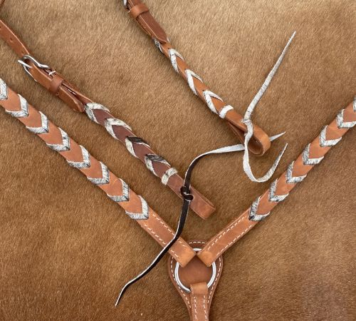 Showman Argentina cow harness Leather one ear headstall and breast collar set with hair on cowhide lacing #3